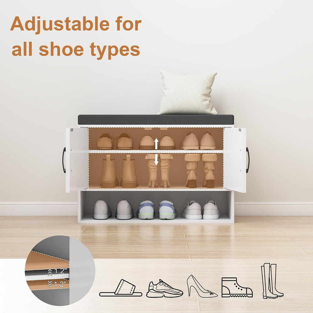 Farmhouse Shoe Storage Bench, Wooden End of Bed Bench, Shoe Storage Cabinet with Seat Cushion, Adjustable Shelf and Open Shelf for Living Room, Hallway, Bedroom