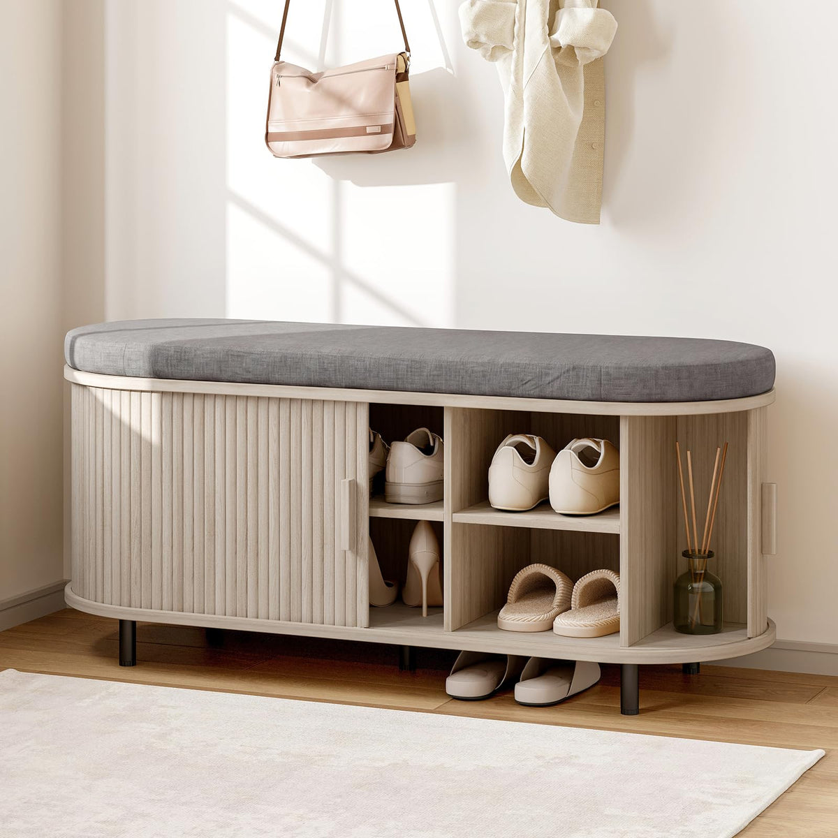 ONBRILL 43" Shoe Bench with Storage, Fluted Shoe Storage Bench, Walnut