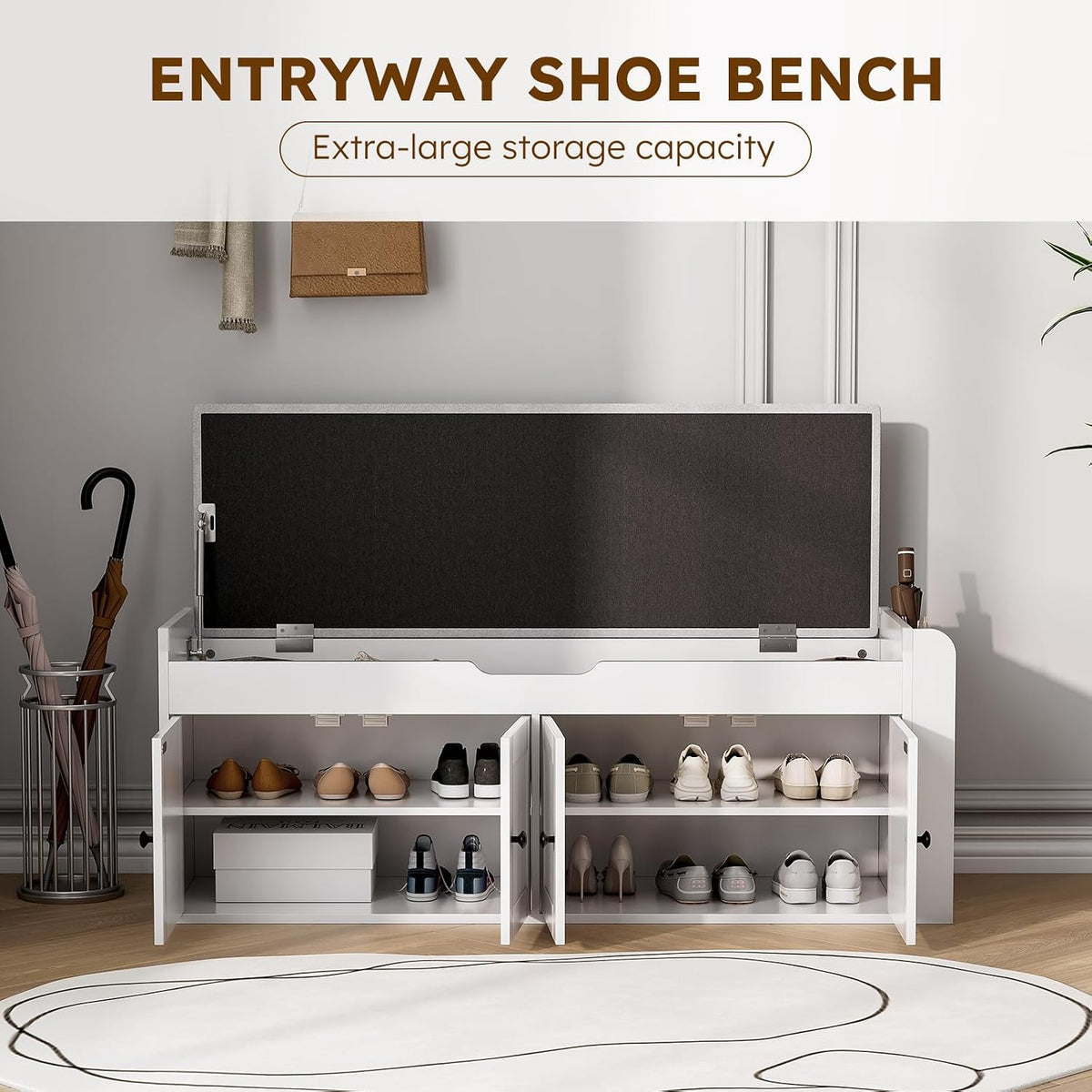 47.2" Storage Bench - Entryway Shoe Bench with Side Storage Shelves and 4 Doors, Multifunctional Entryway Bench with Lift Top Cushion, Shoe Storage Bench for Bedroom, Living Room, White