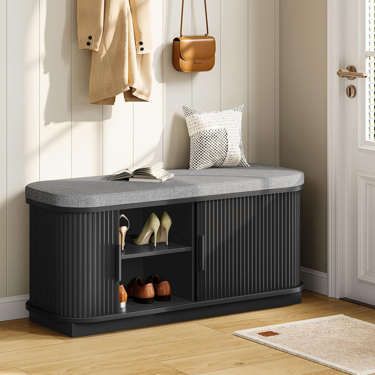 CHOEZON 39.4" Fluted Shoe Storage Bench with Cushion and Sliding Door