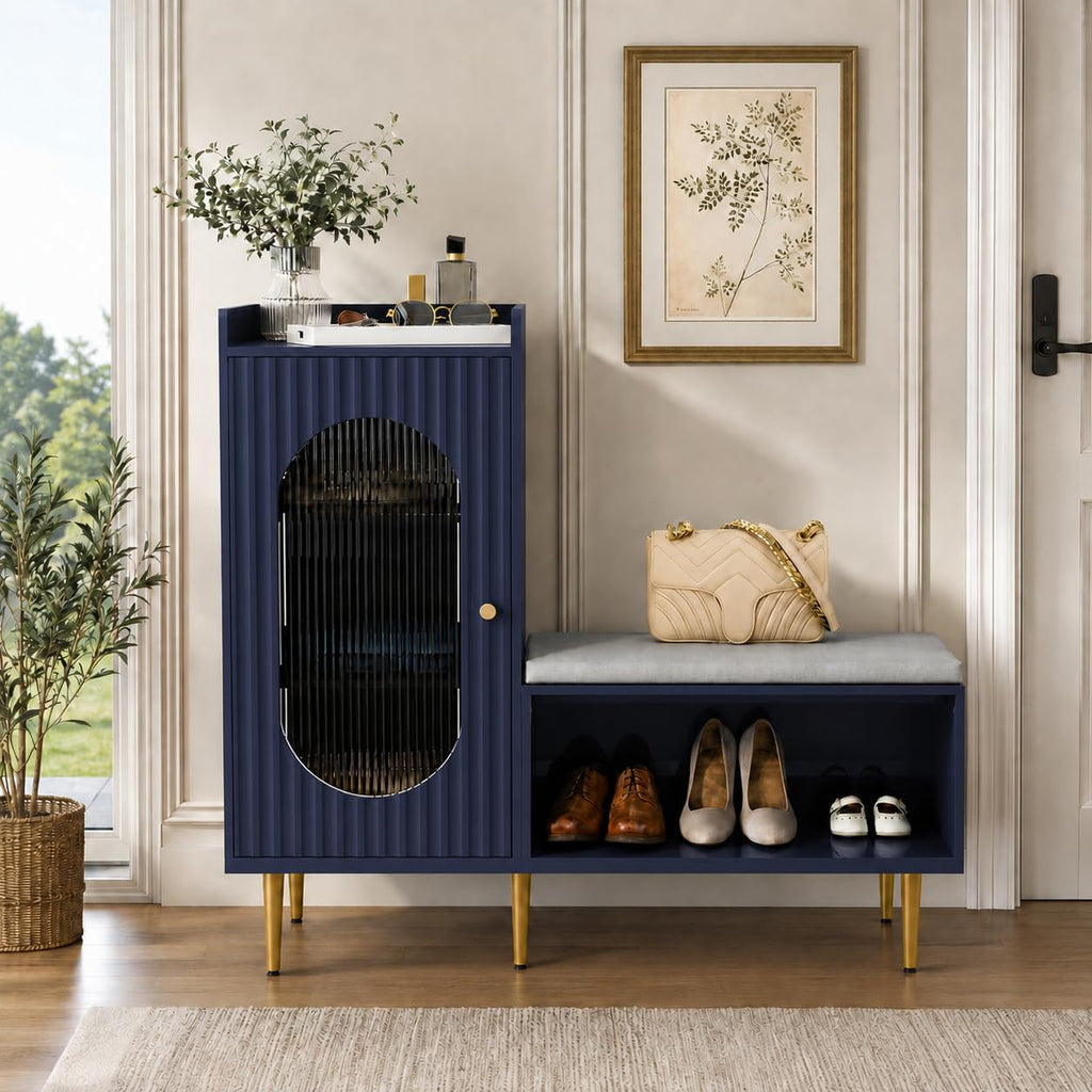 HLR Shoe Storage Bench with Glass Door&Shelf, L-Shaped Shoe Cabinet, Green