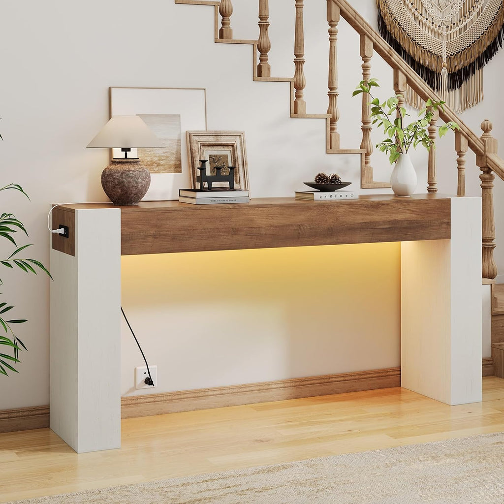 63-Inch Farmhouse Console Sofa Table with Power Outlets & LED Lights