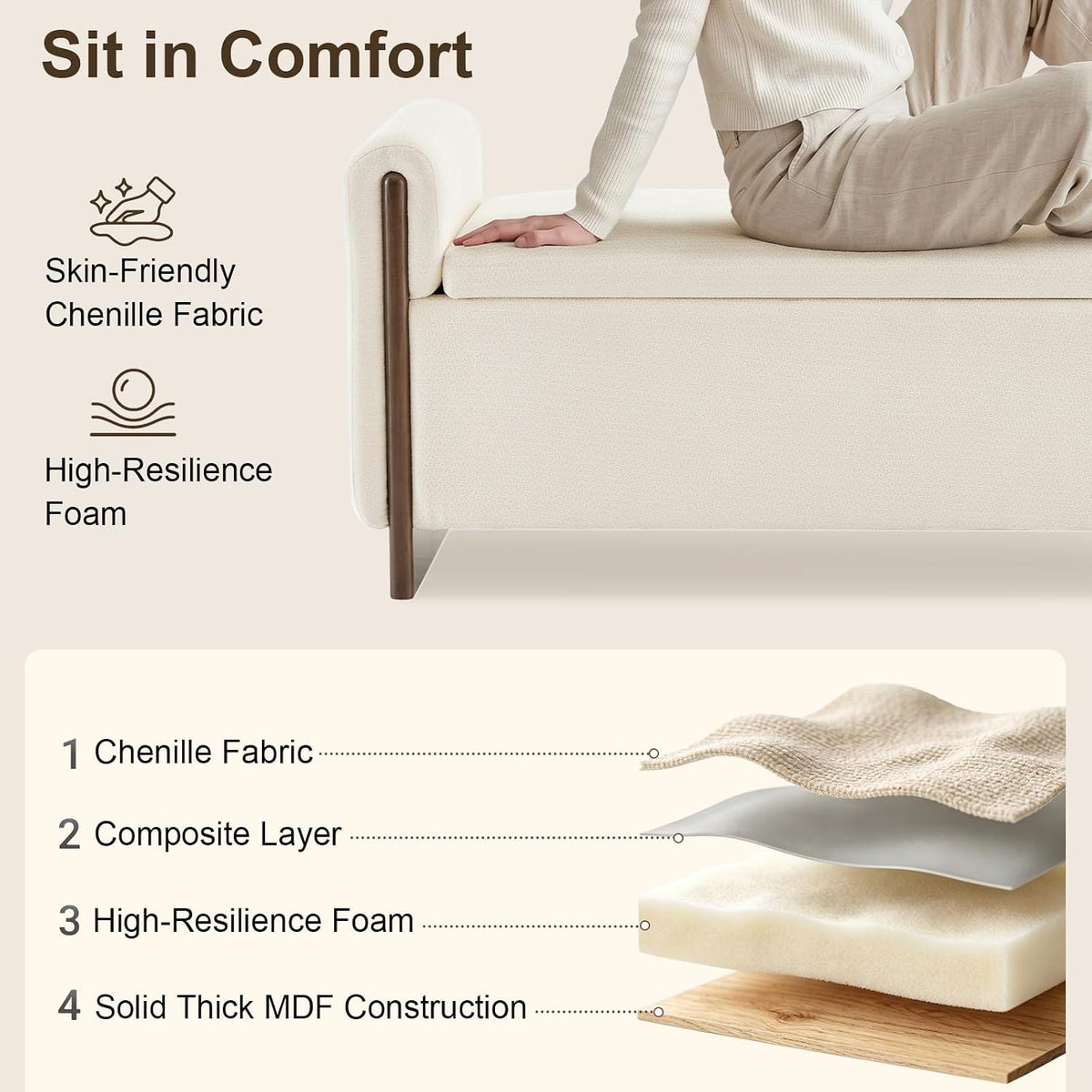 50.8 inch Storage Ottoman Bench with Armrests, Hidden Storage, Beige