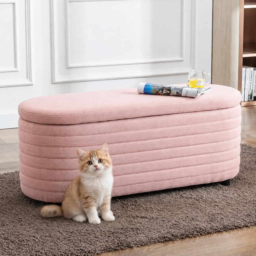 45.5" Storage Teddy Ottoman Bench Upholstered Fabric Bench Hidden Storage Chest with Slow-Close Safety Hinge for Bedroom, Living Room, Entryway, White