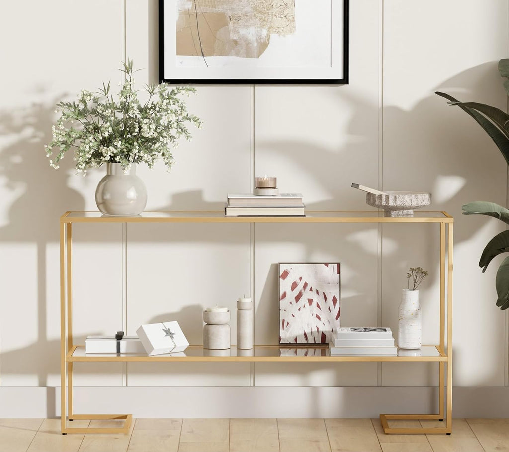 Cozy Castle 52" Entryway Table, 2-Tier Narrow Console Table with Tempered Glass & Sturdy Metal Frame, Modern Sofa Table with Storage Shelves for Entryway, Hallway, Foyer, Living Room, Gold