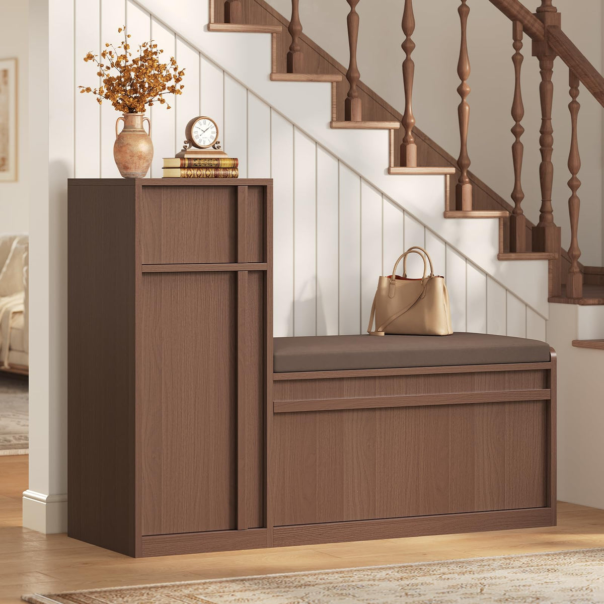 45.3" L-Shaped Storage Bench, Entryway Bench with Shoe Storage and Cushion, 3-Level Adjustable Shelves Flip Drawer & Side Cabinet with Fluted Panels for Hallway, Mudroom, Living Room, Walnut