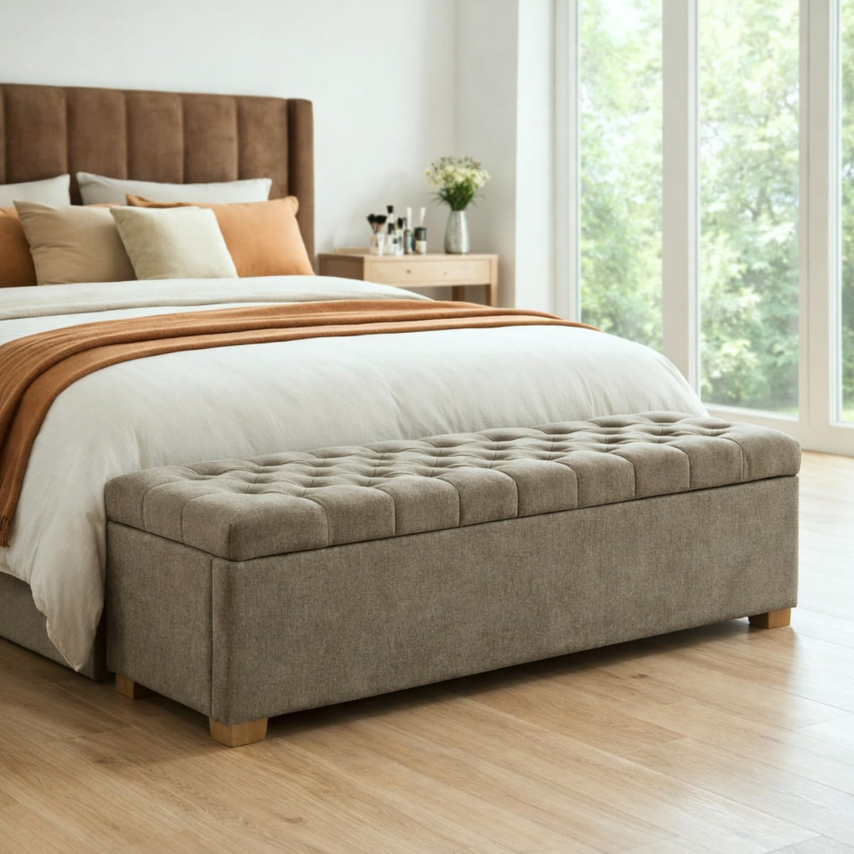 Storage Bench for Bedroom, 65.2'' Tufted End of Bed King Size Upholstered Extra-Long Bench with Dual Flip-Top Lids for Entryway, Hallway, Cloakroom, Window, Griege.