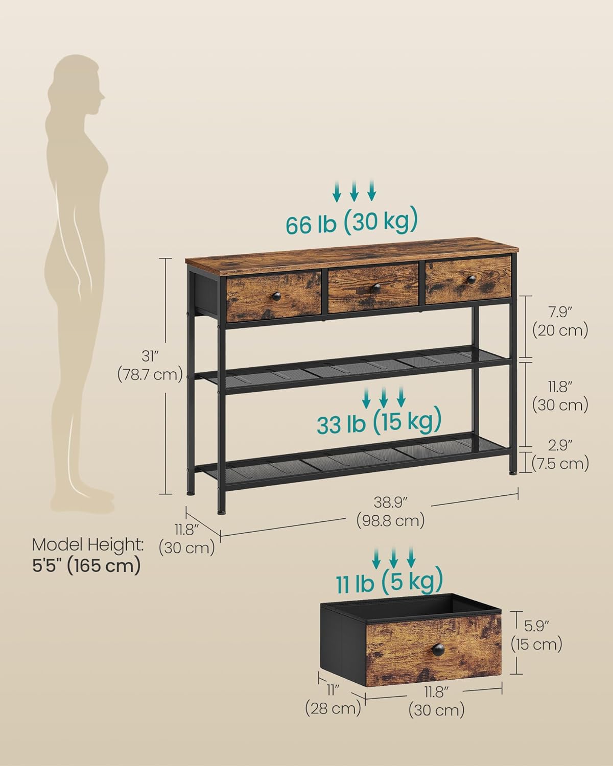 SONGMICS Console Table with 3 Fabric Drawers, Narrow Entryway Furniture