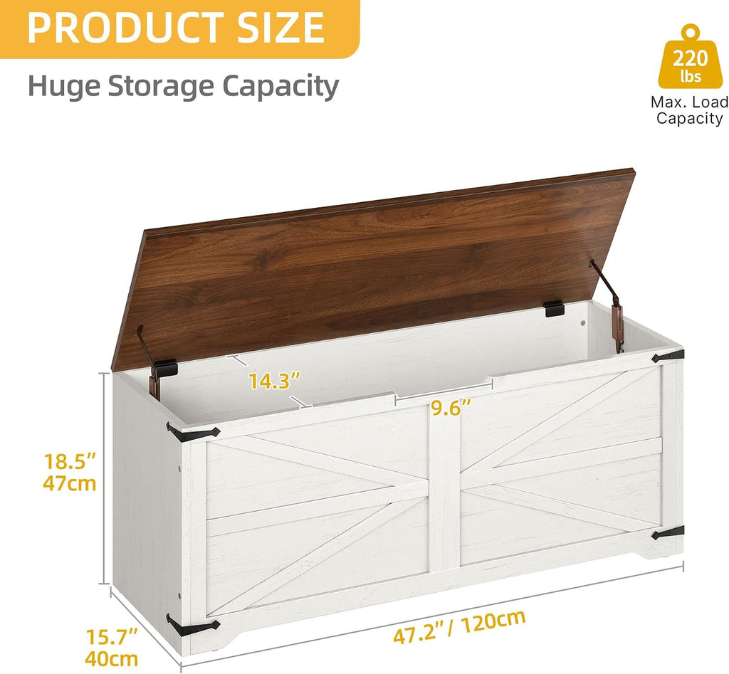 DWVO 47.2" Storage Bench, 2 Safety Hinges, Living Room, White and Walnut