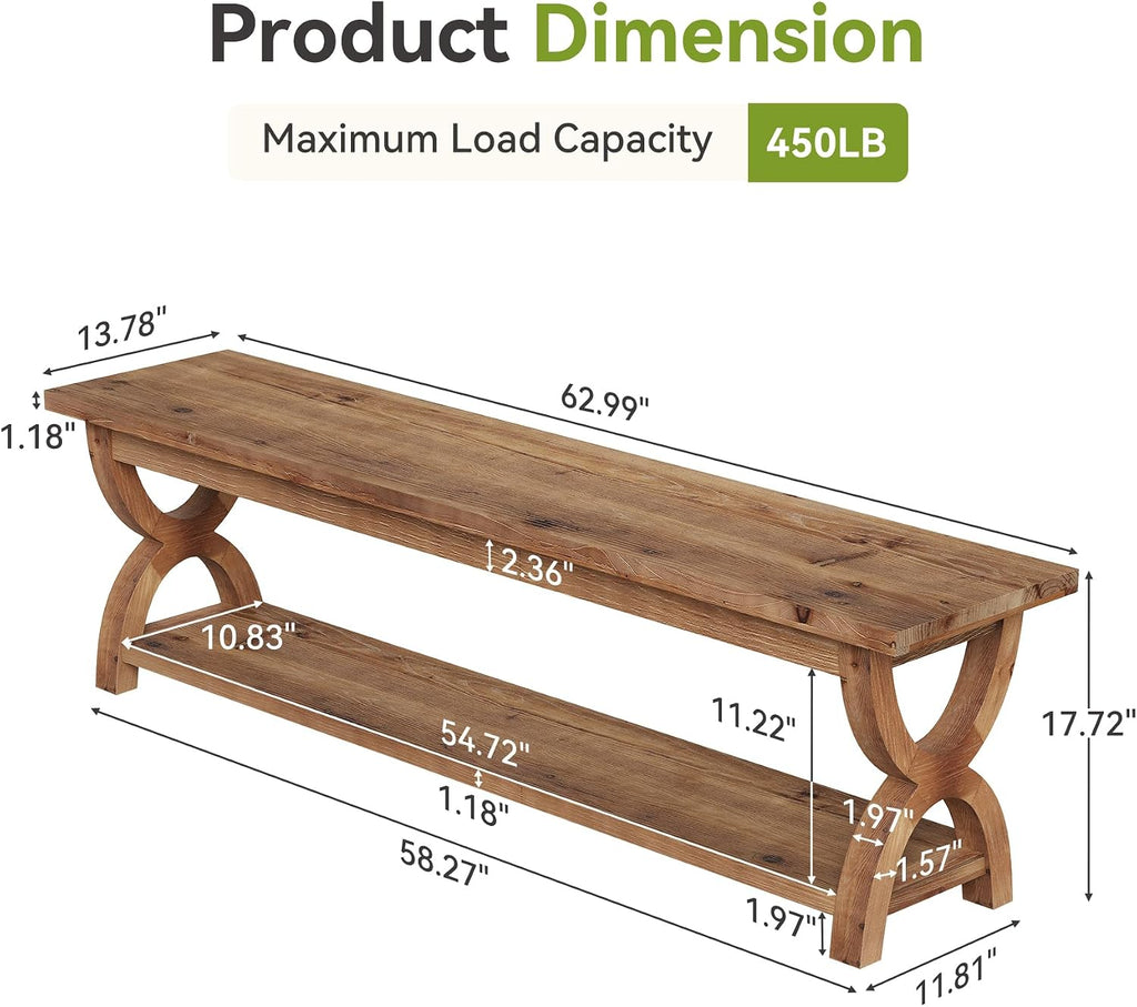 LITTLE TREE Solid Wood Shoe Storage Bench with 2-Tier Shelf