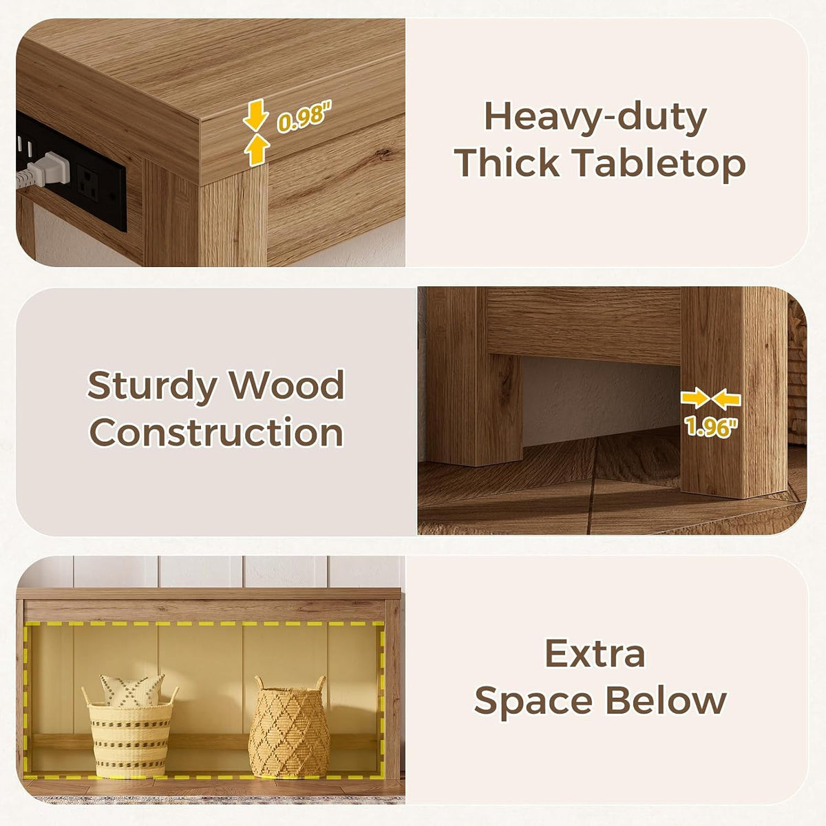 Cyclysio 63" Console Table with 2 AC Outlets & 3 USB Ports, Natural Oak