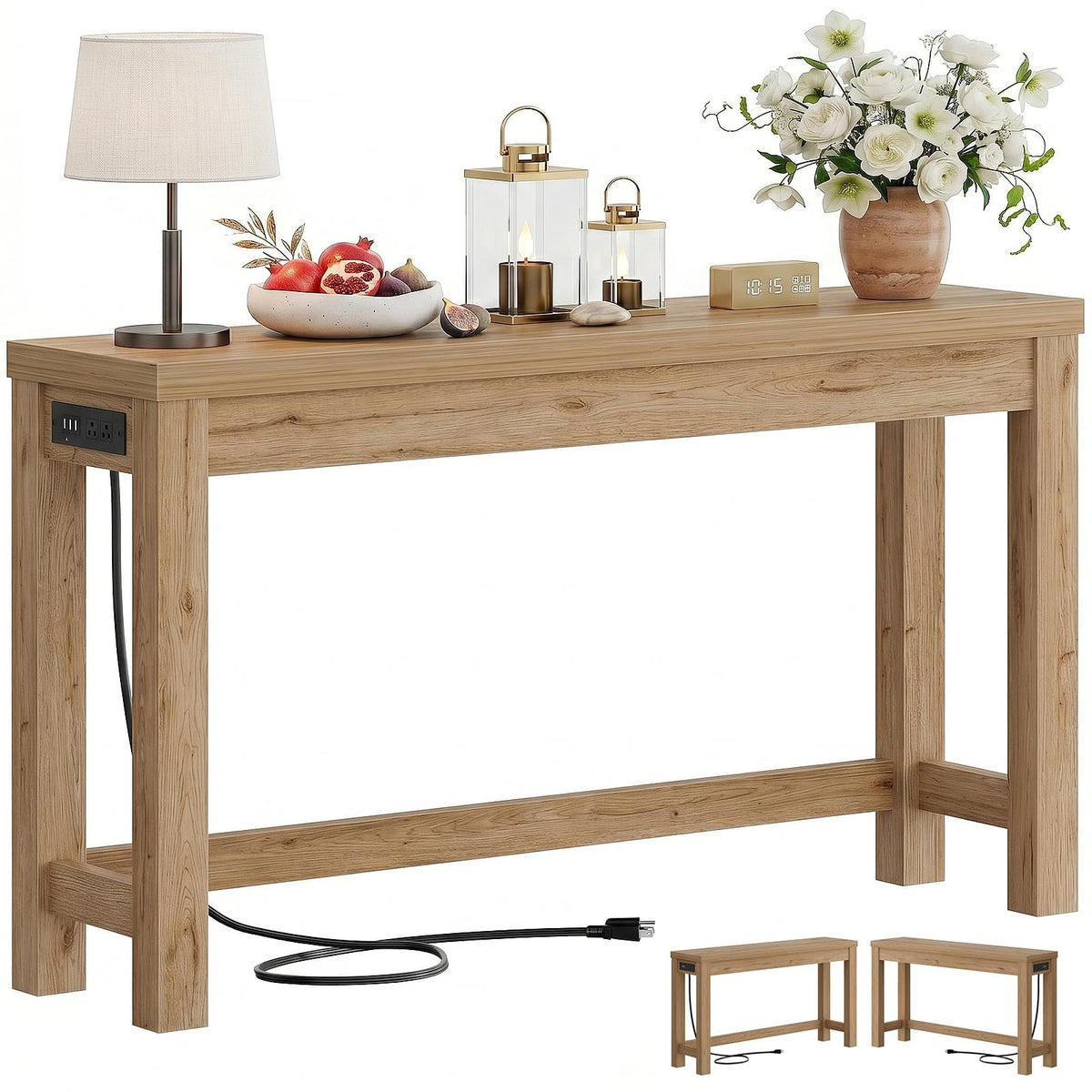 Cyclysio 63" Console Table with 2 AC Outlets & 3 USB Ports, Natural Oak