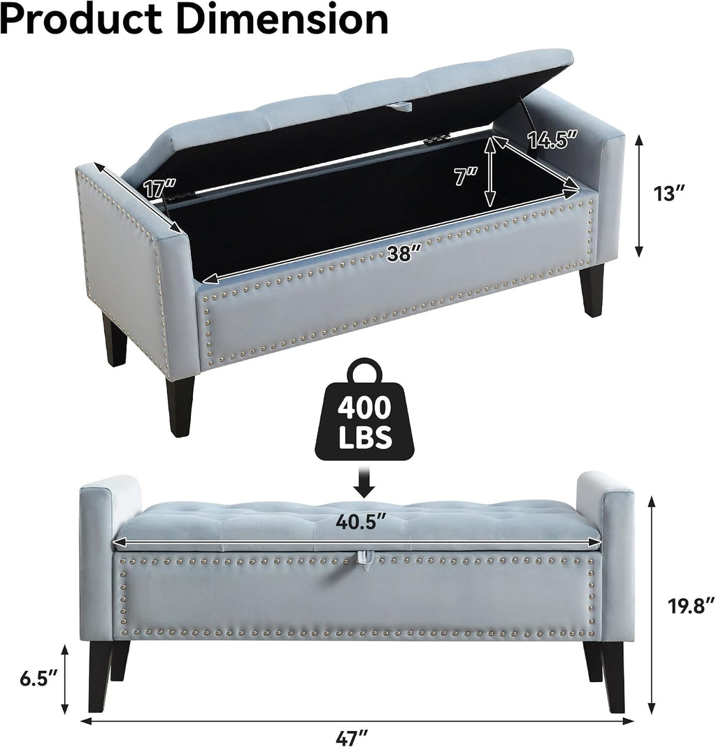 WUTUTUEE 47" Velvet Storage Bench, Upholstered Bed Bench with Storage, End of Bed Ottoman with Wooden Legs,Bedside Storage Bench for Bedroom, Living Room, or Entryway, Blue Grey