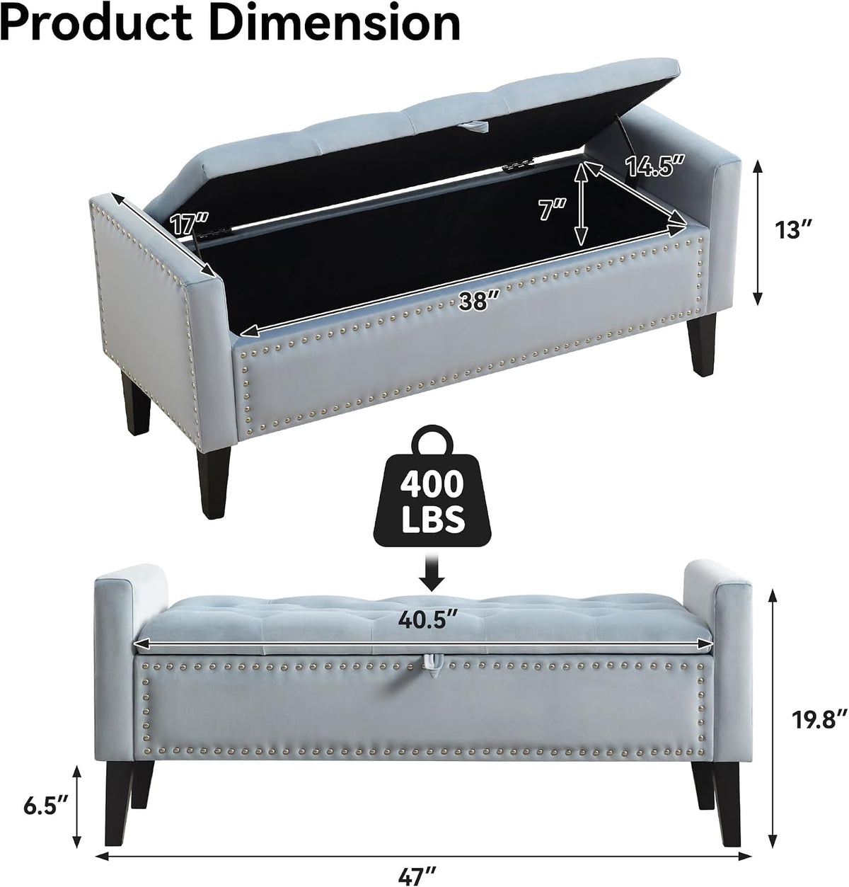 WUTUTUEE 47" Velvet Storage Bench, Upholstered Bed Bench with Storage, End of Bed Ottoman with Wooden Legs,Bedside Storage Bench for Bedroom, Living Room, or Entryway, Blue Grey