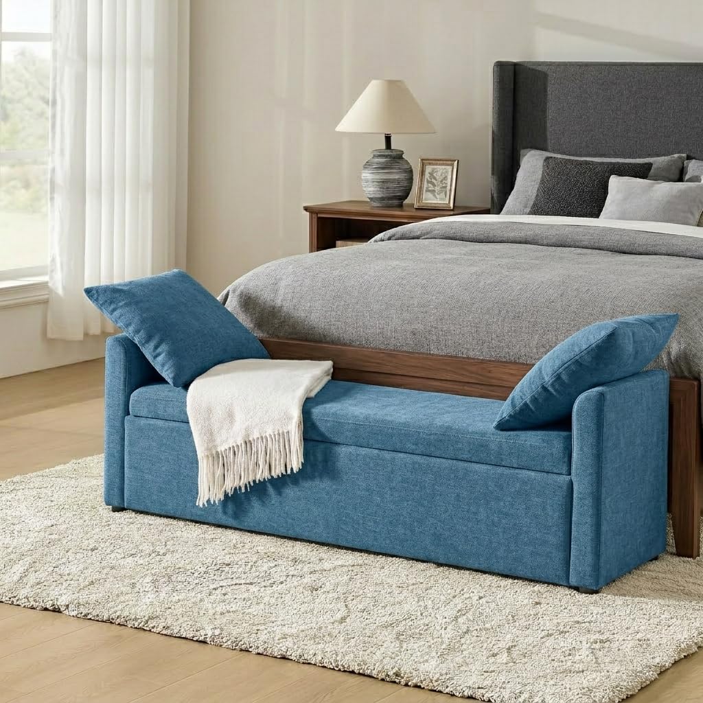 HULALA HOME 59" Storage Bench with 2 Throw Pillows & Armrests, Linen
