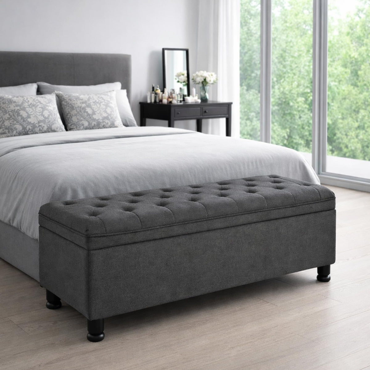 Storage Bench for Bedroom, 65.2'' Tufted End of Bed King Size Upholstered Extra-Long Bench with Dual Flip-Top Lids for Entryway, Hallway, Cloakroom, Window, Griege.