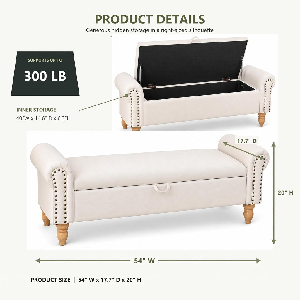 54"End of Bed Storage Bench King Size,Upholstered Storage Bench for Bedroom
