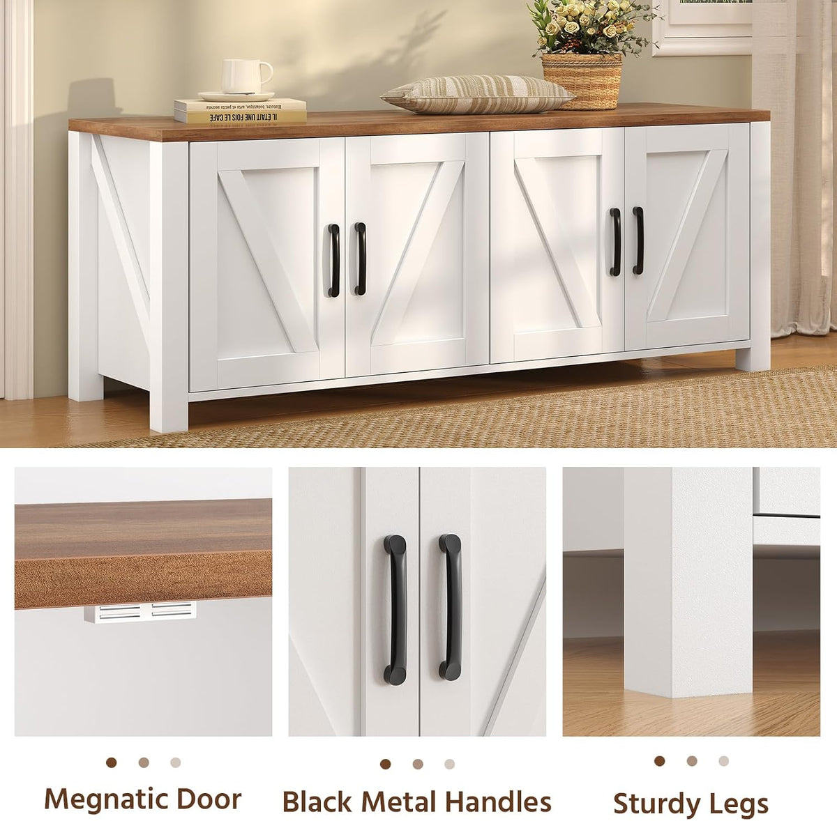 47.3" Shoe Storage Bench, Farmhouse Entryway Bench with 4 Doors & Adjustable Shelves, 2-Tier Shoe Bench for Entryway, Hallyway, Bedroom and Living Room