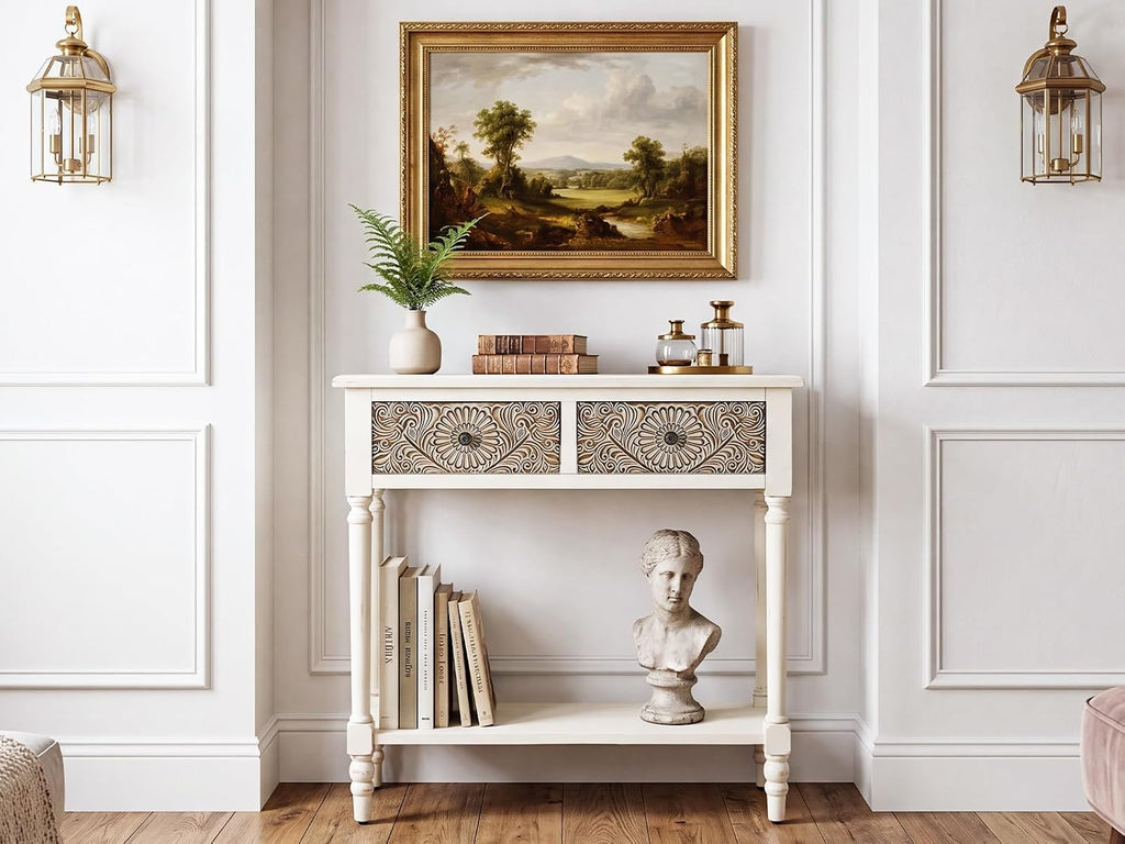 COSIEST Console Table with 2 Drawers, MDF Narrow Entryway Table with Storage Shelf, Wood Accent Sofa Table for Living Room, Entrance, Hallway, Couch, Light Grey