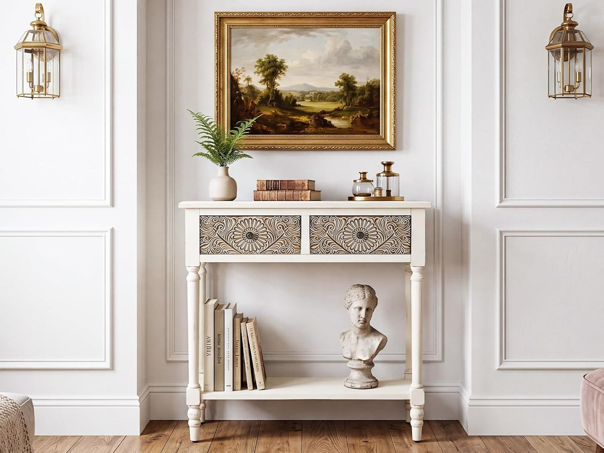 COSIEST Console Table with 2 Drawers, MDF Narrow Entryway Table with Storage Shelf, Wood Accent Sofa Table for Living Room, Entrance, Hallway, Couch, Light Grey