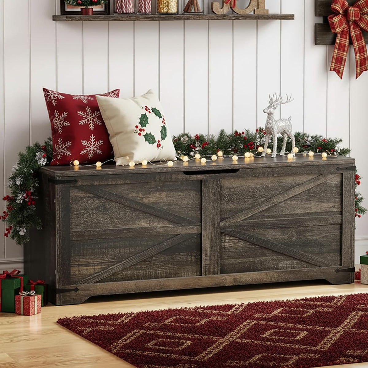 DWVO 47.2" Storage Bench, 2 Safety Hinges, Living Room, White and Walnut