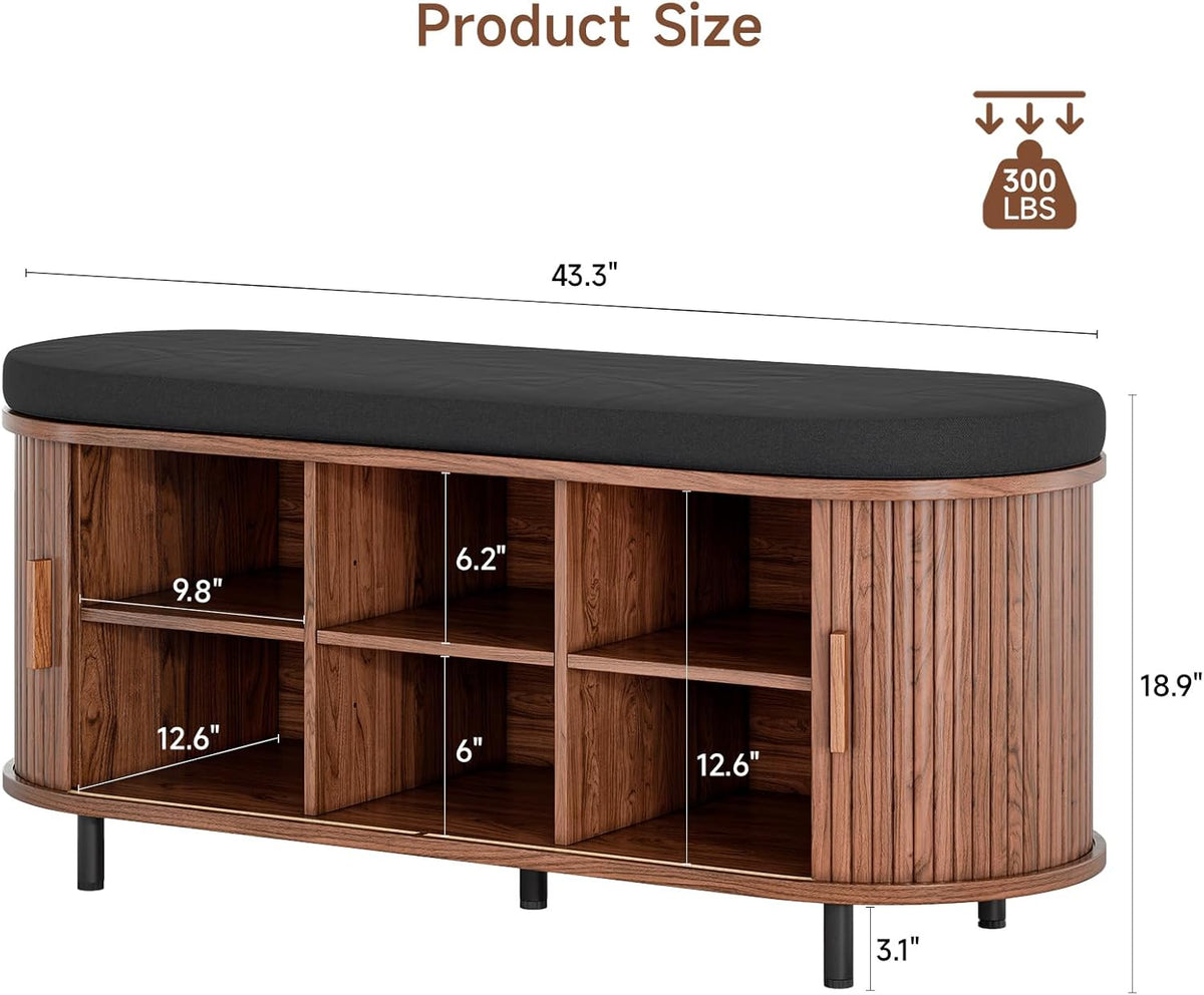 ONBRILL 43" Shoe Bench with Storage, Fluted Shoe Storage Bench, Walnut