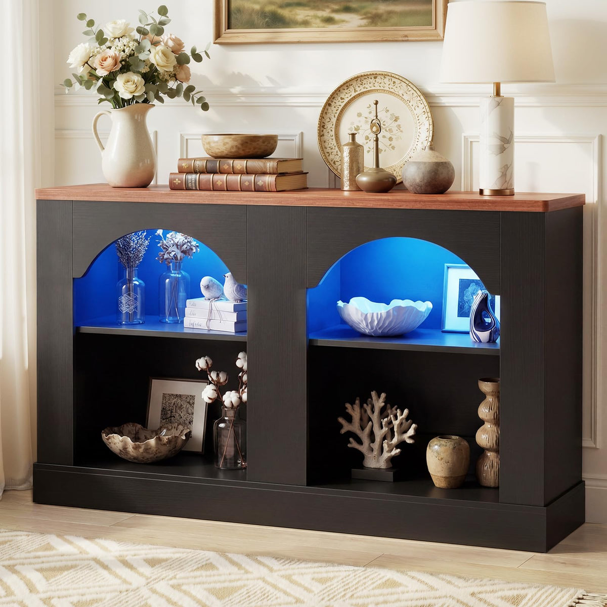Unikito 47" Console Sofa Table with Power Outlet & LED Light, Grey & Brown