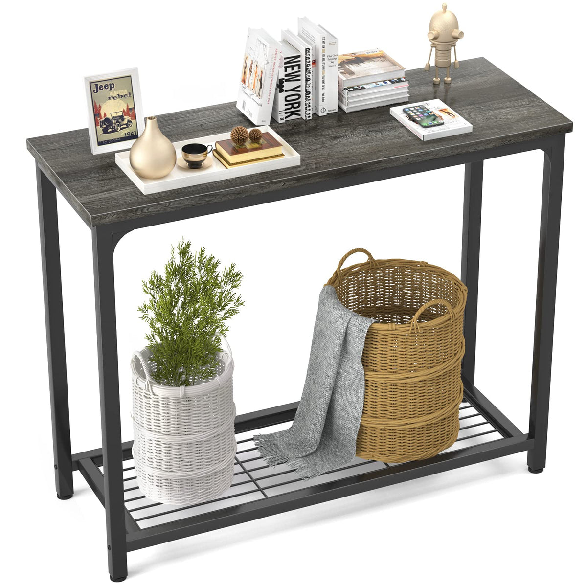 Ecoprsio Small Console Table, Sofa Table with Double Mesh Shelves, Industrial Entryway Table for Entryway, Hallway, Foyer, Front Hall, Sofa Couch, Living Room, Bar, Kitchen, 32 Inch, Rustic