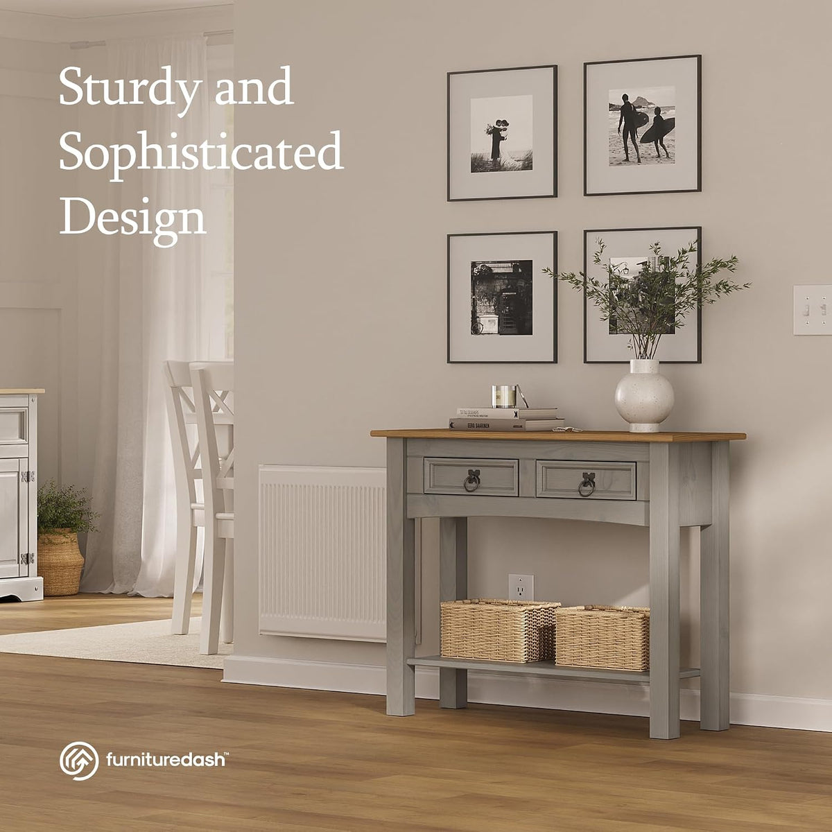 Furniture Dash Solid Wood Hall Table Console 34.49" W, 12.64" D, 28.82" H - Farmhouse Entryway Table with 2 Drawers, Office Hallway Foyer, Wooden Storage, Cupboard Console Table