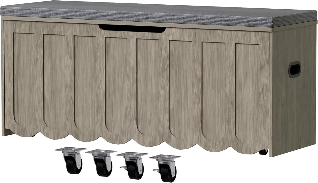 DHZ 47.2 Inch Wooden Storage Bench, Storage Chest with Cushion Seat, 4 Swivel Wheels and 2 Safety Hinges, Entryway Storage Bench for Living Room, Bedroom