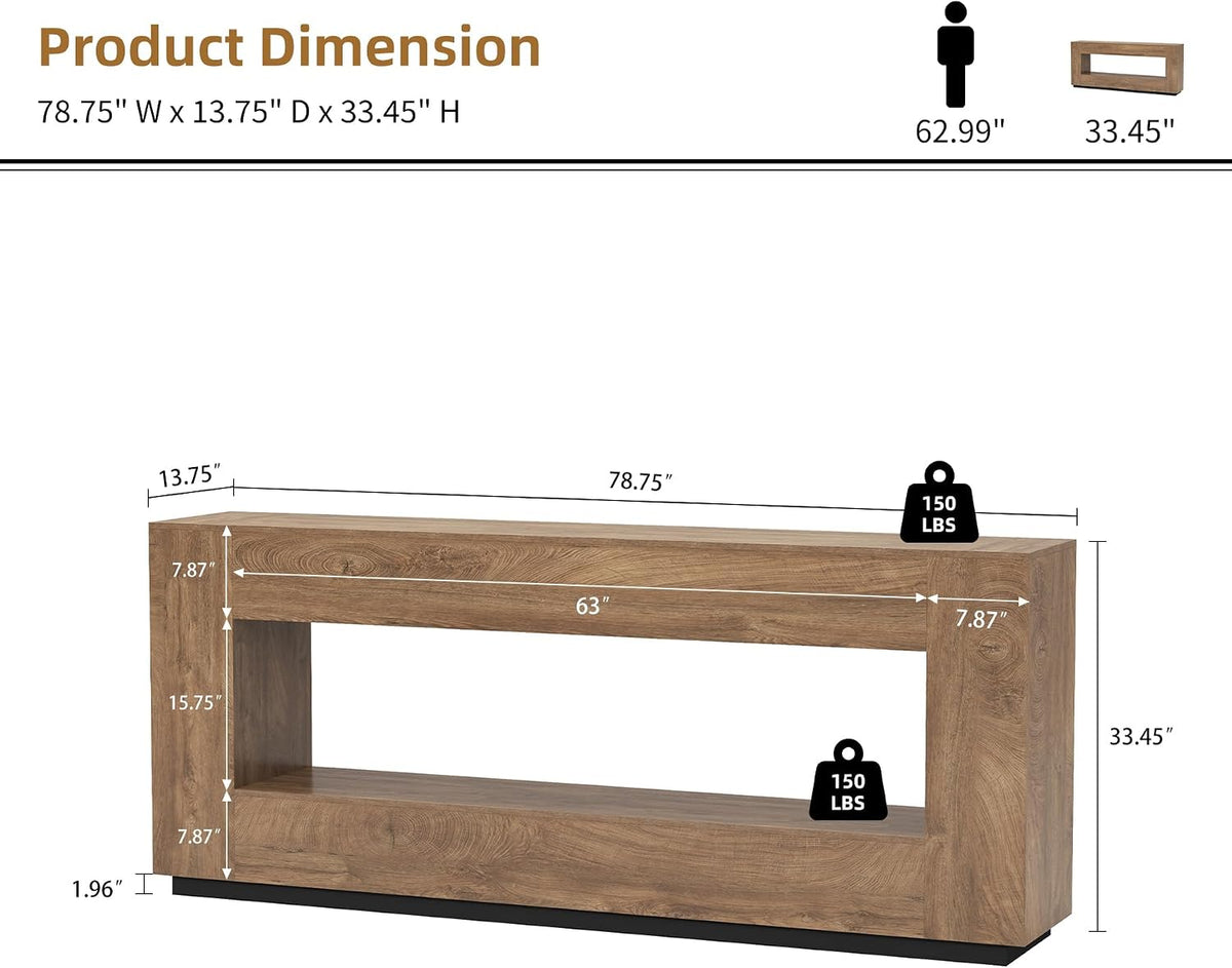 Epecoya 78 Inch 2-Tier Extra Long Console Table, Oak Brown Wood Sofa Table