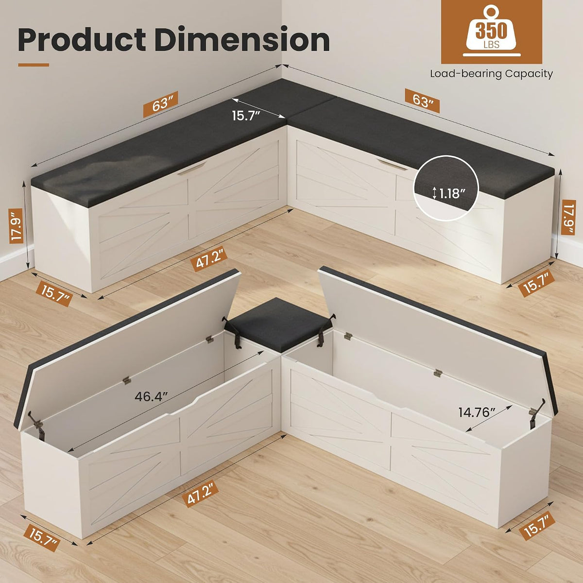 Apicizon L Shaped Storage Bench with Storage, 63" Breakfast Nook Dining Bench with Cushion, Kitchen Dining Corner Bench for Dining Room Entryway Living Room, Beige White