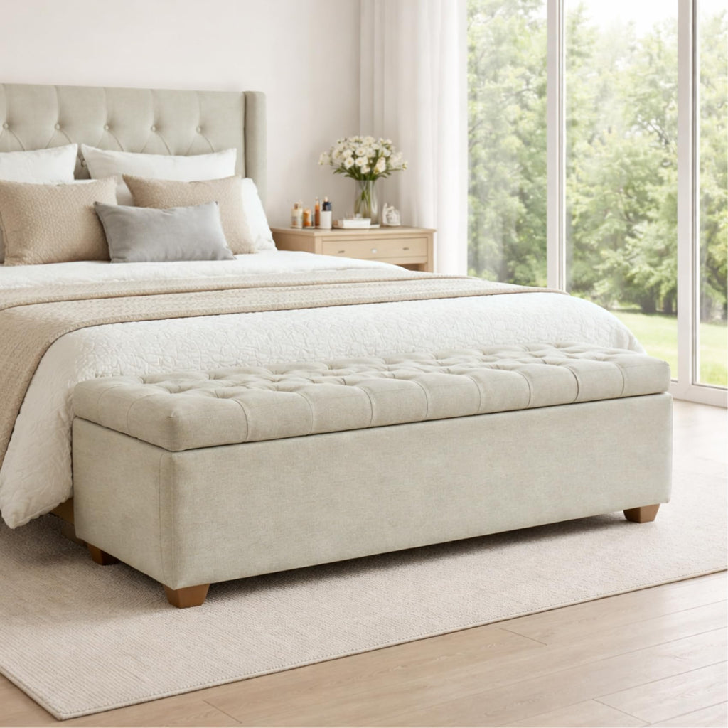 Storage Bench for Bedroom, 65.2'' Tufted End of Bed King Size Upholstered Extra-Long Bench with Dual Flip-Top Lids for Entryway, Hallway, Cloakroom, Window, Griege.