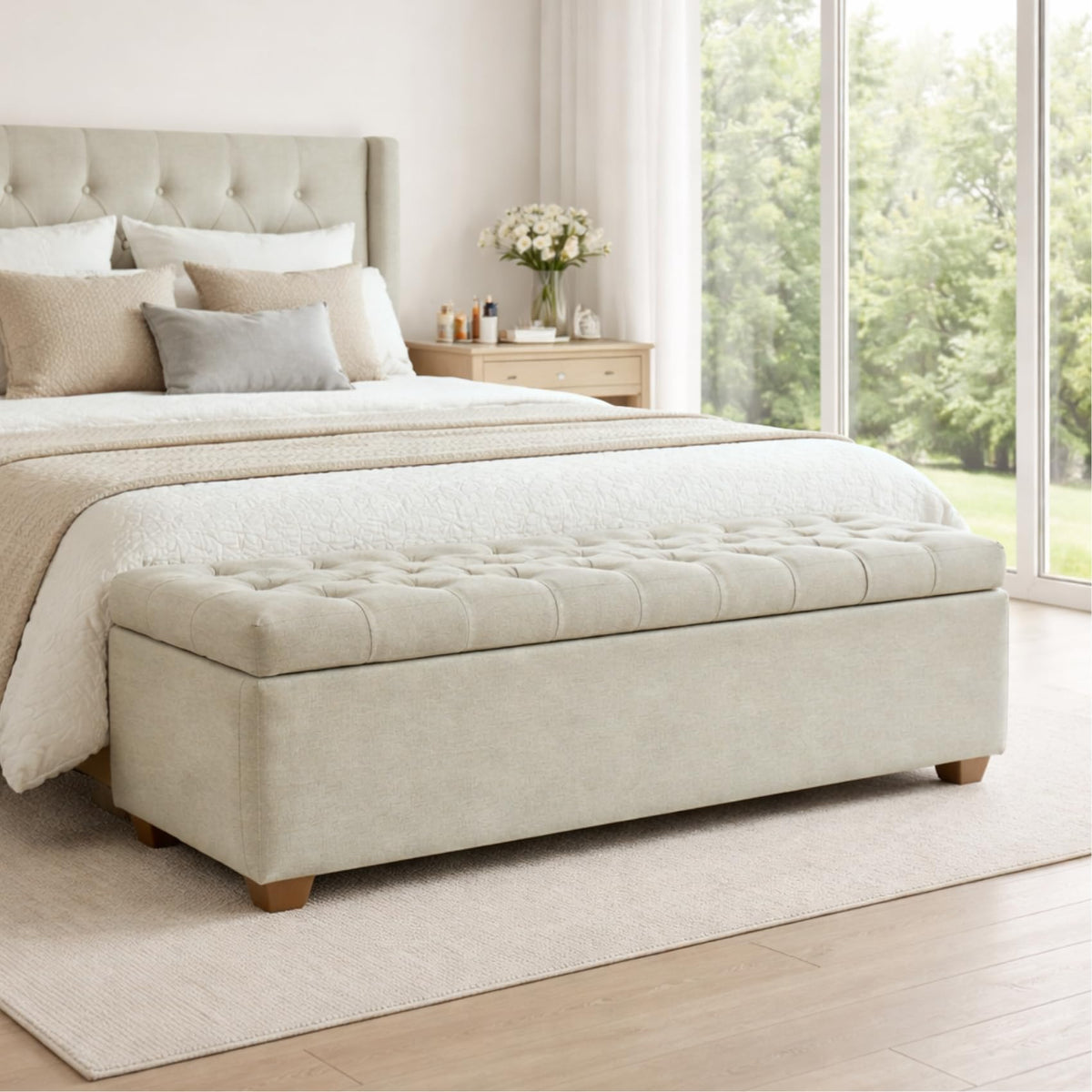 Storage Bench for Bedroom, 65.2'' Tufted End of Bed King Size Upholstered Extra-Long Bench with Dual Flip-Top Lids for Entryway, Hallway, Cloakroom, Window, Griege.