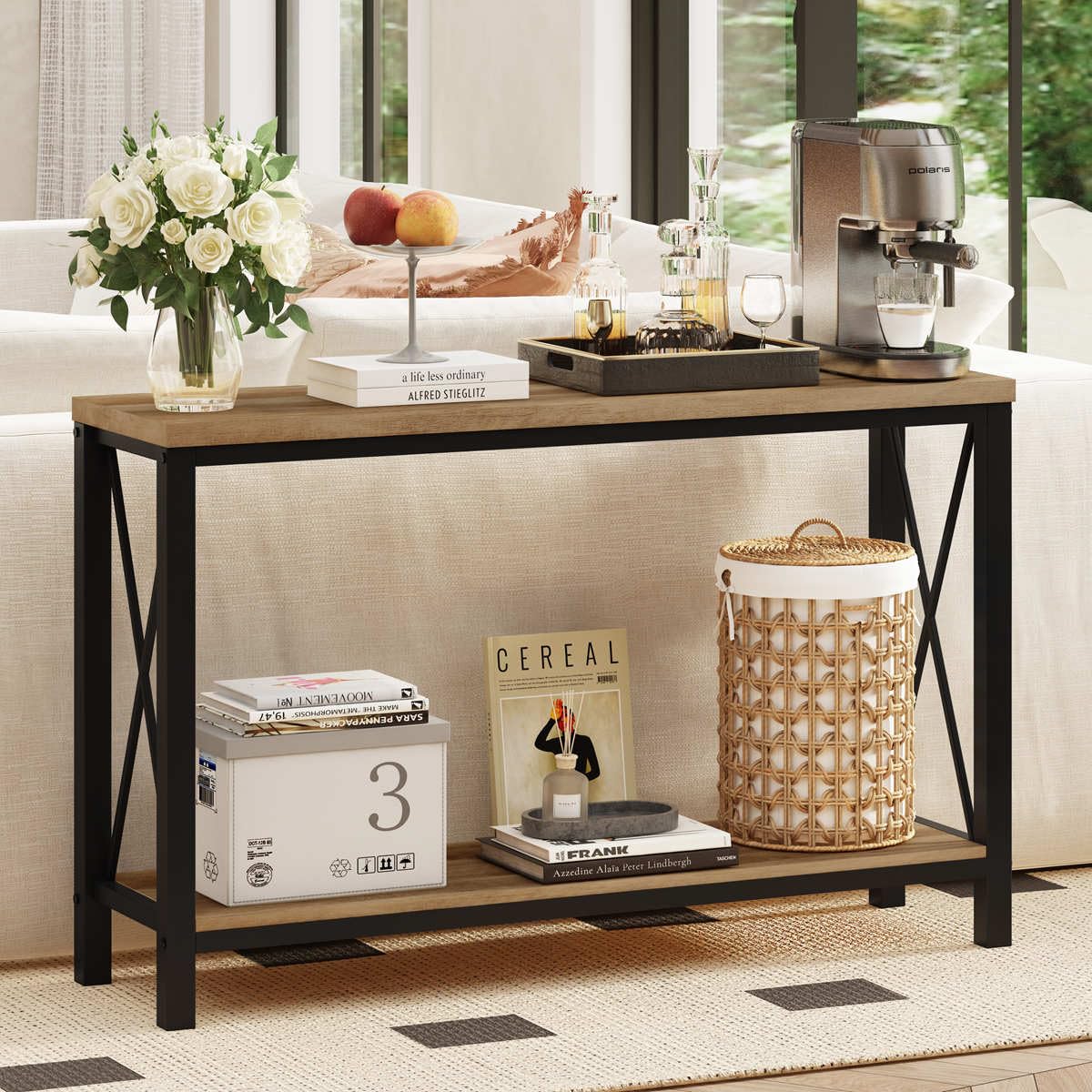 BON AUGURE 47” Narrow Console Table, 3 Tier Sofa Table Behind Couch, Rustic