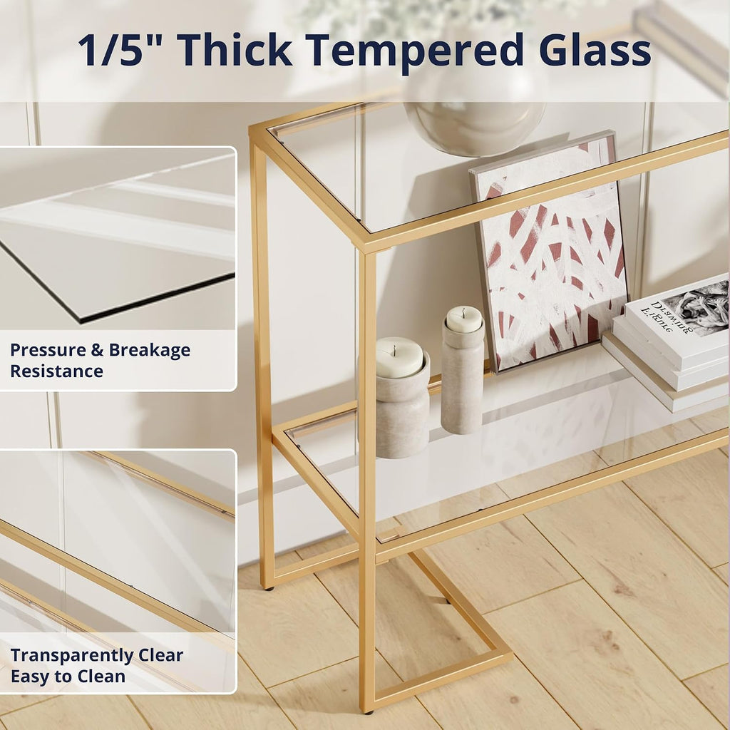 Cozy Castle 52" Entryway Table, 2-Tier Narrow Console Table with Tempered Glass & Sturdy Metal Frame, Modern Sofa Table with Storage Shelves for Entryway, Hallway, Foyer, Living Room, Gold