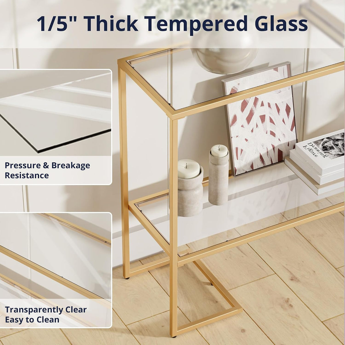 Cozy Castle 52" Entryway Table, 2-Tier Narrow Console Table with Tempered Glass & Sturdy Metal Frame, Modern Sofa Table with Storage Shelves for Entryway, Hallway, Foyer, Living Room, Gold