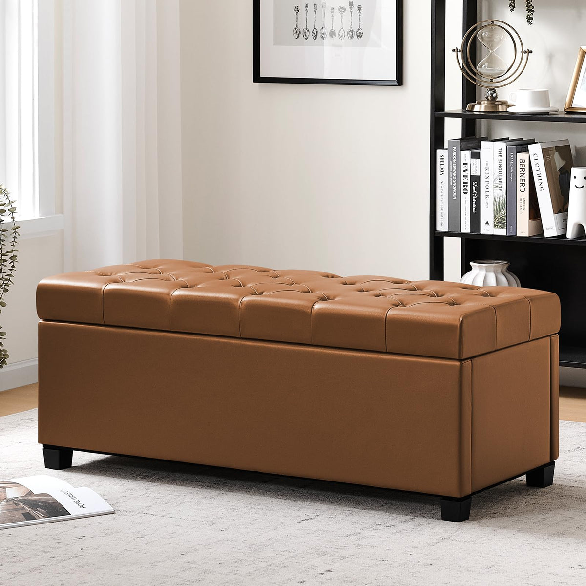 kinmars Leather Storage Ottoman Bench, End of Bed Bench with Steel Legs