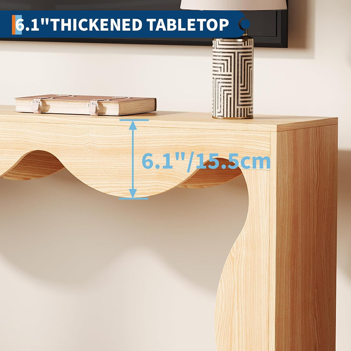 63" Farmhouse Entryway Table, Slim Wood Scalloped Sofa Table