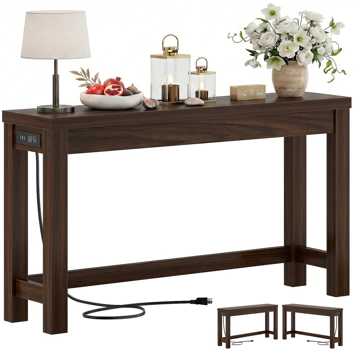 Cyclysio 63" Console Table with 2 AC Outlets & 3 USB Ports, Natural Oak