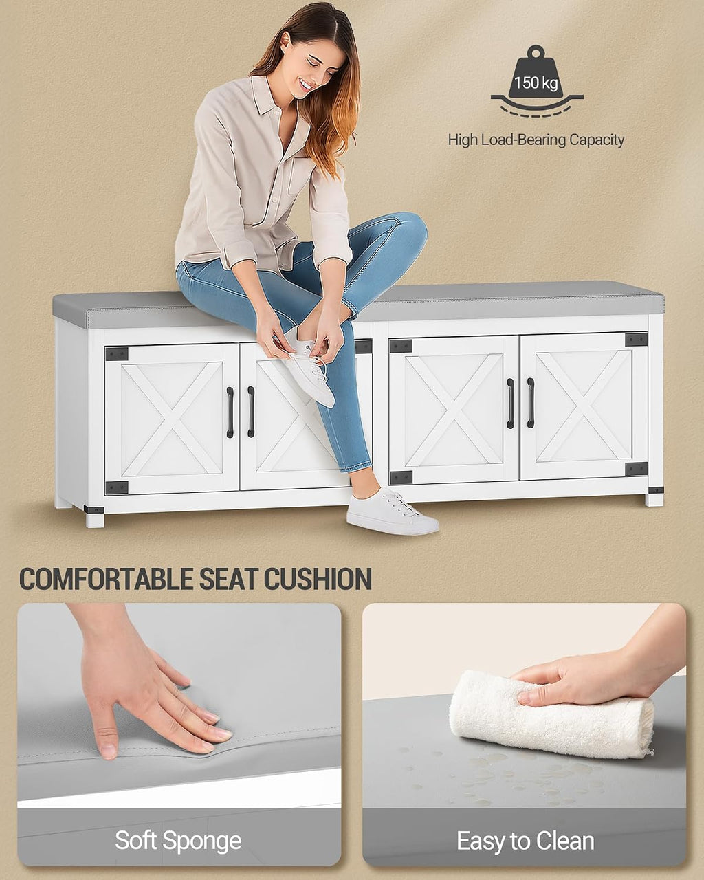 Hzuaneri 59" Shoe Storage Bench, with Soft Padded Seat Cushion & Doors