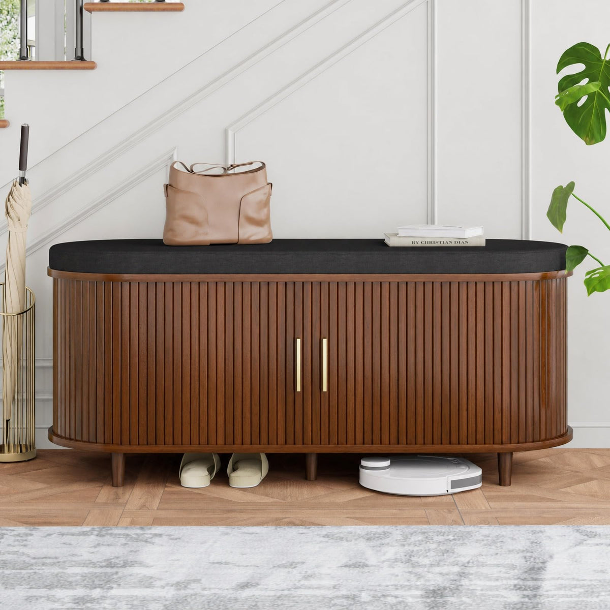 DHH 2-Tier Storage Bench,Wide Shoe Bench with Thickened Padded Seat Cushion, Mid Century Modern Fluted Sliding Door and Adjustable Shelf, for Entryway, Living Room, Bedroom (Walnut, 43.3“)