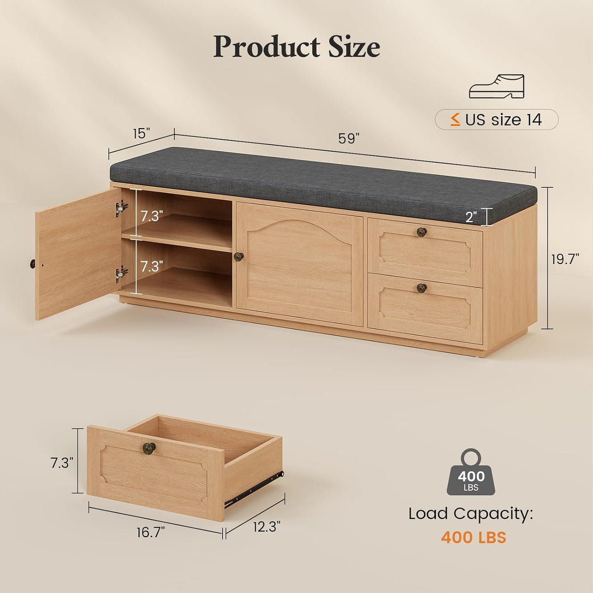 59" Storage Bench with Drawer, 2-Tier Shoe Bench with Storage, Long Entryway Bench, Thickened Cushion, Adjustable Shelf, Recessed Design for Entryway, Bedroom, Living Room, Natural