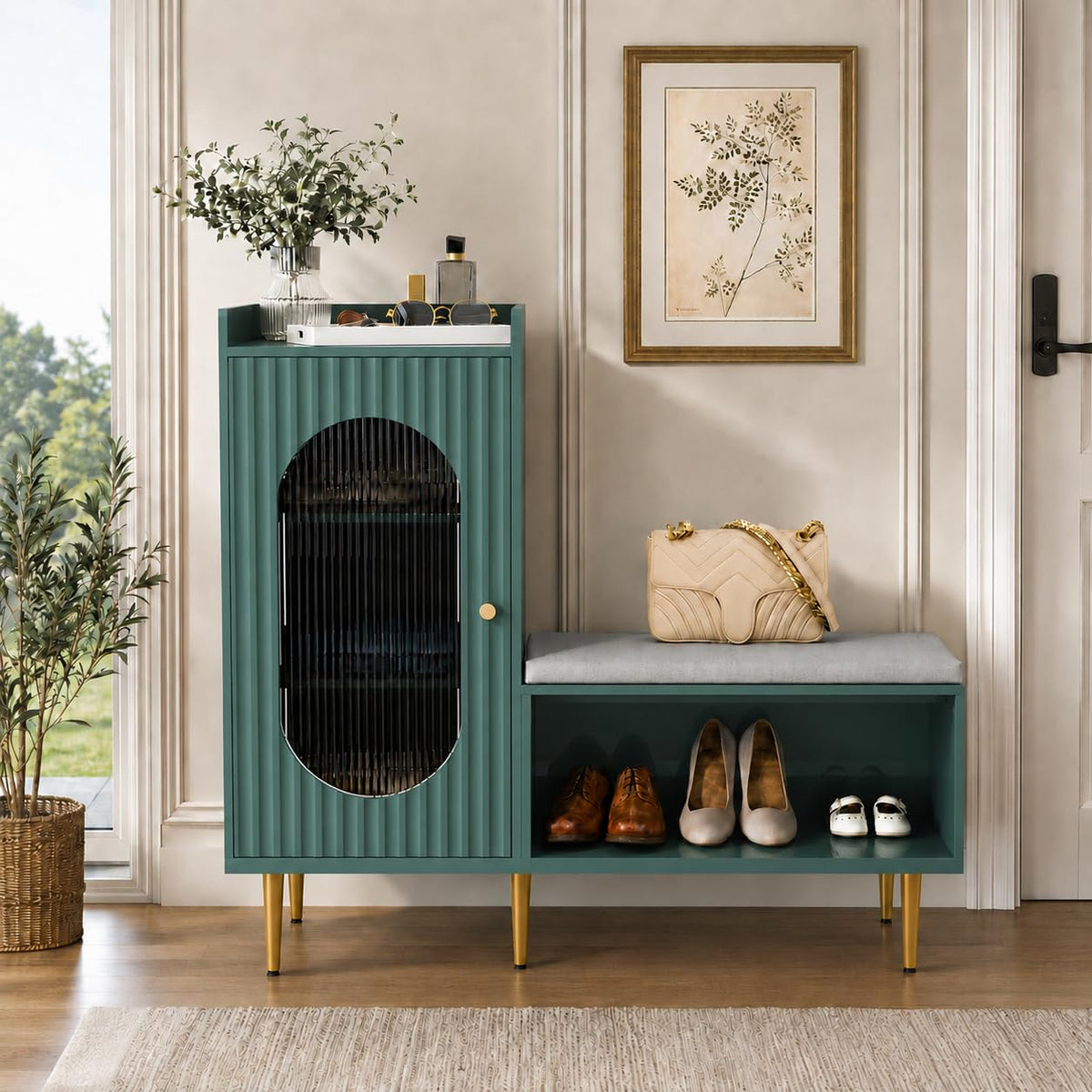 HLR Shoe Storage Bench with Glass Door&Shelf, L-Shaped Shoe Cabinet, Green