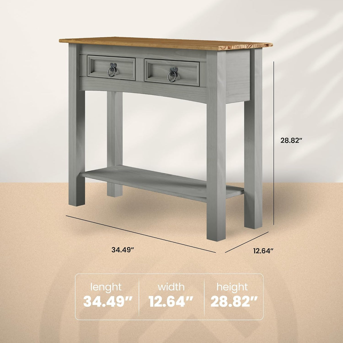 Furniture Dash Solid Wood Hall Table Console 34.49" W, 12.64" D, 28.82" H - Farmhouse Entryway Table with 2 Drawers, Office Hallway Foyer, Wooden Storage, Cupboard Console Table