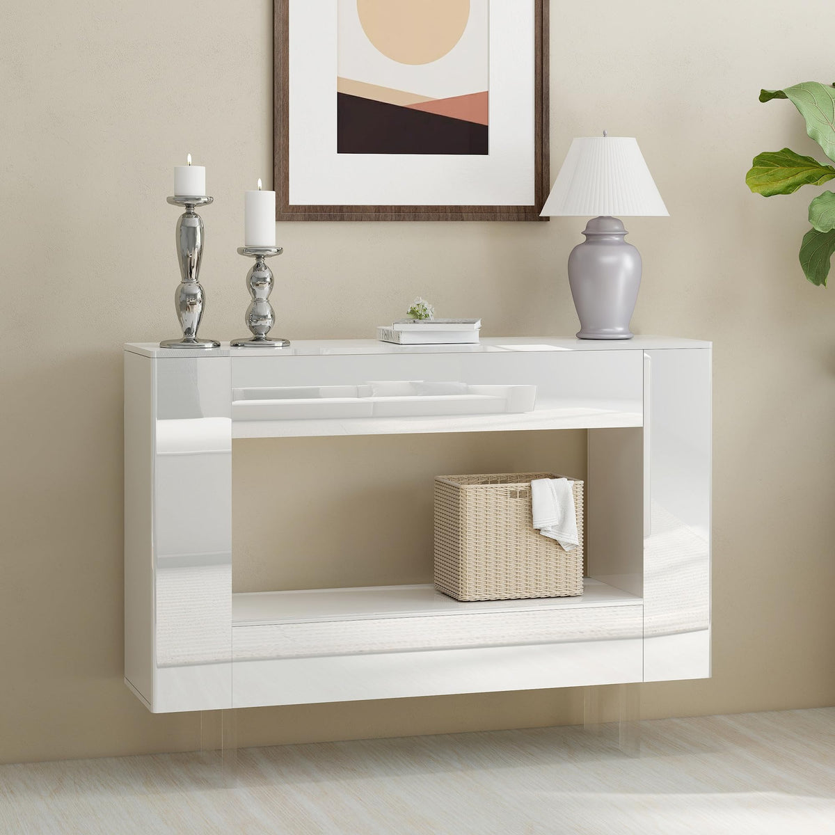 47" High Gloss Console Table with Hidden Side Storage, Black