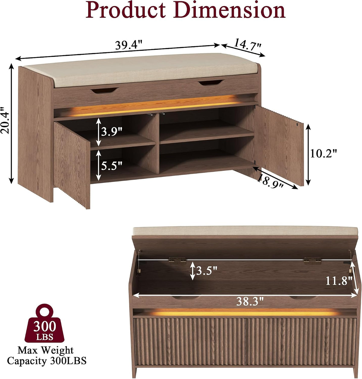 HOMEFORT Shoe Storage Bench, Modern Entryway Bench with Fluted Doors & Built-in LED Sensor Light, Wooden Shoe Bench with Cushion for Hallway and Bedroom, Walnut