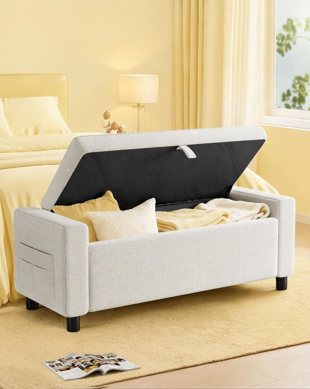 Amada 46" Storage Ottoman Bench w/Side Pocket & Safety Hinge, White