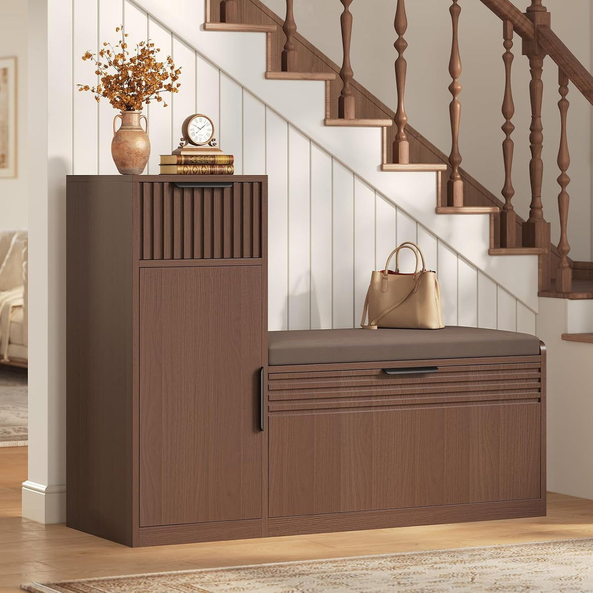 45.3" L-Shaped Storage Bench, Entryway Bench with Shoe Storage and Cushion, 3-Level Adjustable Shelves Flip Drawer & Side Cabinet with Fluted Panels for Hallway, Mudroom, Living Room, Walnut