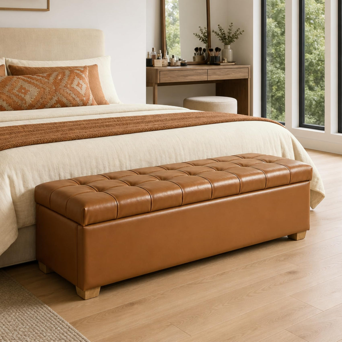 Storage Bench for Bedroom, 65.2'' Tufted End of Bed King Size Upholstered Extra-Long Bench with Dual Flip-Top Lids for Entryway, Hallway, Cloakroom, Window, Griege.
